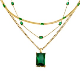 Frigotine 3PCS Gold Emerald Pendent Choker Layered Necklace for Woman, Dainty Baguette Green CZ Rhinstone Crystal Link Snake Chain Layering Necklaces Wedding Prom Fashion Jewelry Birthday Gift