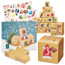 LIVAIA Calendario Avvento da Riempire - Calendario Avvento Fai da Te 2024 con 24 Scatole Carta Piccole Regalo e Adesivi Natalizi - Kit Creazioni Uniche per Sorprese di Natale - Oro