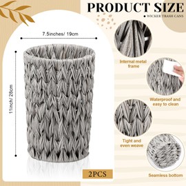 LOYIM 2 Pcs Wicker Trash Cans 2 Gallon Rattan Waste Baskets for Bathroom Wicker Waterproof Boho Trash Cans Compact Woven Round Decorative Waste Baskets for Bedroom Office Bathroom(Grey)