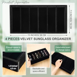 Juexica 4 Pcs Velvet Sunglasses Organizer Tray 6 Grid Sunglass Organizer Velvet Tray Stackable Glasses Display Case for Women Glasses Jewelry Display Watch (Black)