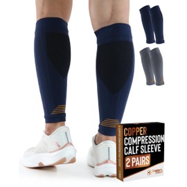 Doctor's Select 2 Pairs Copper Calf Compression Sleeve - Compression Calf Sleeves for Men, Compression Socks for Running, Shin Splints, Gray and Navy