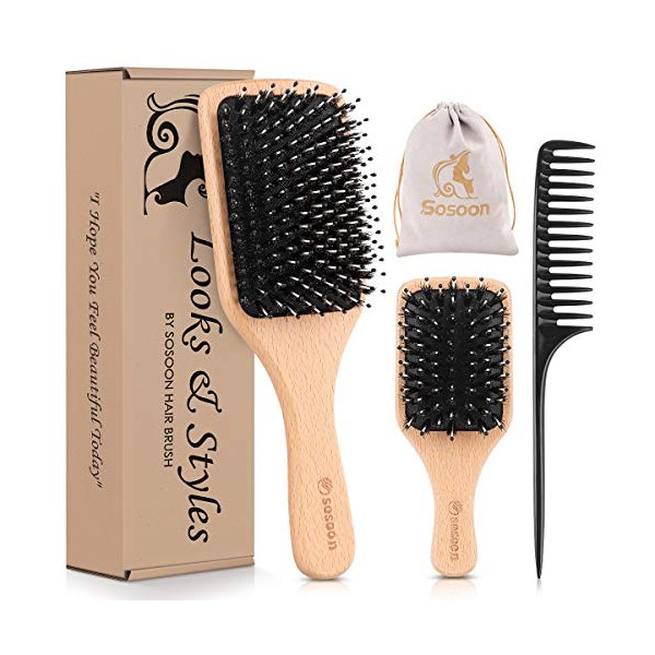 Hair Brush, 2 Pack Boar Bristle Paddle Hairbrush for Women Men Kids Reducing Frizzy, No More Tangle, Small Travel Brush Tail Comb & Giftbox Included