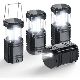 Solar Camping Lantern 4 Pack, Rechargeable LED Lantern with Flashlight, USB-C & Solar Powered, Collapsible Emergency Lights for Hurricane, Power Outages, Outdoor Use