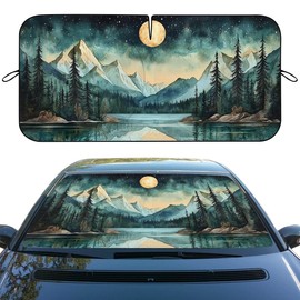 Abstract Mountains Car Windshield Sunshades Watercolor Lake Landscape Front Window Sun ​Shade Blocks UV Rays Sun Visor Protector for Car Sedan Truck SUV Accessories 59" L x 31.5" W