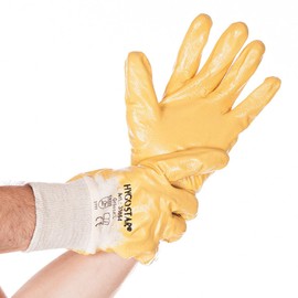 FRANZ MENSCH Hygostar Nitrile Grip Work Gloves, Nitrile Coating, Box, Natural Yellow, 11/XXL, 27 cm, 12 Pairs, Nitrile Gloves, Gardening Gloves, Pack 8/M 24 cm, Natural Yellow