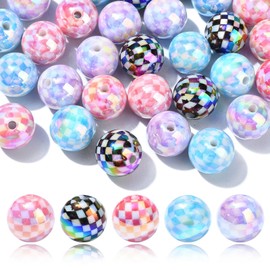 Stiesy 50 Pcs Round with Tartan Acrylic Bubblegum Beads 15mm Round Plaid Loose Beads UV Plating Rainbow Iridescent Checkered Pattern Beads Bulk for Jewelry Making Beading Supplies