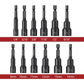 PANOVOS 12Pcs Magnetic Nut Driver Set,Impact Power Hex Nut Driver Drill Bit Master Kit, SAE & Metric, 1/4-Inch Quick-Change| Cr-V Steel