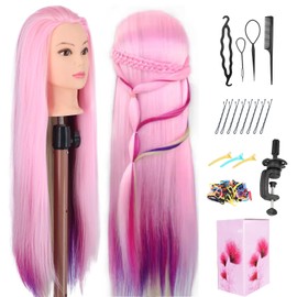 Mannequin Head with Hair, 29" Doll Head for Hair Styling, Cosmetology Practice, Training with Clamp Holder(Pink Four Colors)