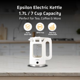 Epsilon 1.7L Glass Electric Kettle – Hot Water Tea Kettle with LED Light, Stainless Steel & Borosilicate Glass, Auto Shut-Off, BPA-Free Electric Teapot, 1100W Fast Boil, Cool Touch
