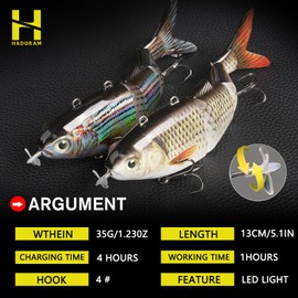 Robotic Swimming Lure 5.1” Fishing Lure 4-Segement Multi Jointed Swimbait Electric Bait LED Light USB Rechargeable Robotic Lure for Bass Trout Pike Fishing Tackle (Common Shad)