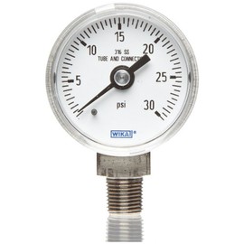 WIKA 9767061 Industrial Pressure Gauge, Liquid/Refillable, Copper Alloy Wetted Parts, 2-1/2" Dial, 0-100 psi Range, +/- 2/1/2% Accuracy, 1/4" Male NPT Connection, Bottom Mount