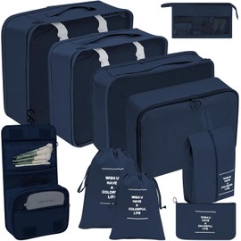10 Bolsas Organizadoras de Viaje para Maletas, Set de Cubos Organizadores de Equipaje Impermeables y Plegables para Ropa, Zapatos, Cosméticos y Accesorios, Azul
