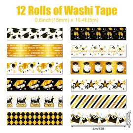 12 Rolls Graduation Washi Tape Set, Gold Foil Congratulations Graduation Masking Tapes, Black Gold Star Grad Cap Decorative Sticker Tape for Graduation Scrapbook DIY Crafts Gift Packaging 16.4FT