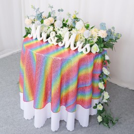 AMZLOKAE Rainbow Tablecloth Round, Sequin Tablecloth 72 Inch, Shimmer Table Cloth for Birthday, Party Tablecloths Cover, Colorful Sparkle Table Linen for Round Tables