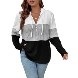 COZYEASE Women's Plus Size Colorblock Half Zip Hoodies Ribbed Knit V Neck Long Sleeve Pullover Sweater Multicolor 2XL