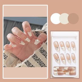 24Pcs French Tip False Nails Medium, Coffin Press on Nails Nude White Removable Glue-on Nails Fake Nails Set with Rhinestones Designs, Glossy Acrylic Full Cover Stick on Nails for Women Girls