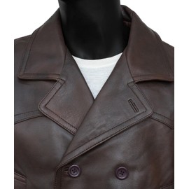HIGOBO Men's Brown Leather Pea Coat Double Breasted Men Peacoat Jacket (Brown, Medium)