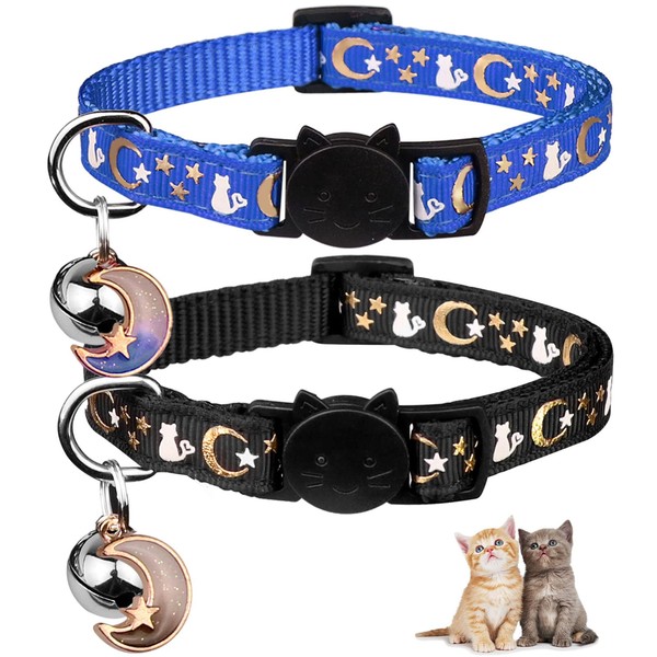 2PCS Breakaway Cat Collars with Bell Moons Stars Cute Kitty