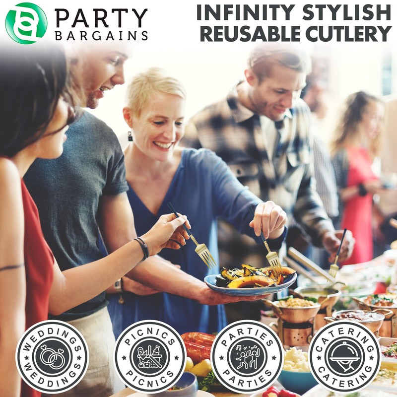 Party Bargains Disposable Plastic Navy Gold Salad Forks, Infinity Modern