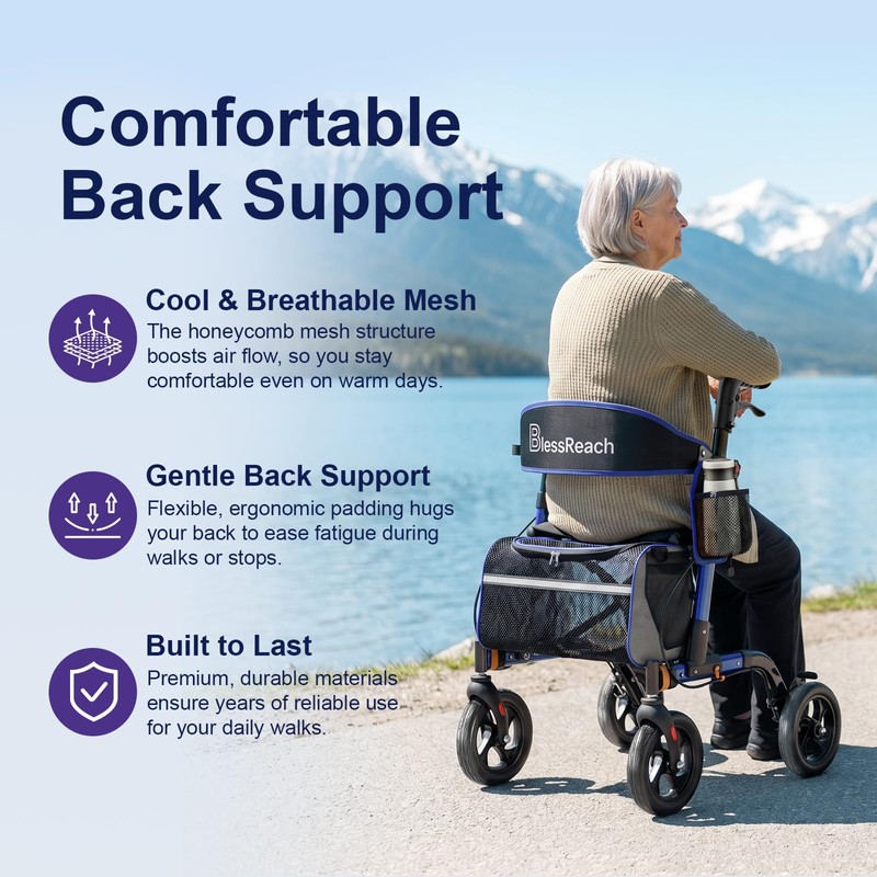 BlessReach Rollator Walkers for Seniors with Seat, Lightweight Walker, Blue