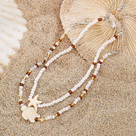 Asphinien Bohemian Beaded Anklets Set Multilayered Shell Starfish Conch Turtle Pendant Anklet Summer Beach Foot Chain Jewelry for Women (Sea turtle)