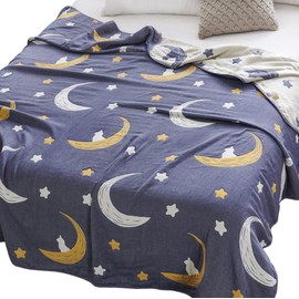 J-pinno Bright Moon Stars Muslin Blanket Reversible 100% Cotton 6 Layer Quilt Bed Blanket Soft Warm Throw Sofa Couch Toddler Kids Cartoon Travel Coverlet Sheet (Stars, Twin/Full 68" X 76")