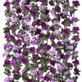 KHOYIME 9 Pack 72 FT Artificial Flower Garland, Fake Purple Roses Vines Silk Flowers Faux Plastic Outdoor Hanging Floral Ivy Garland Decoration for Wedding Arch Bedroom Home Wall Backdrop Room Decor