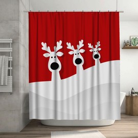 Ansouyi Christmas Reindeer on Red Shower Curtain Set with 12 Hooks, Bath Curtains Waterproof Polyester Fabric, Home Bathroom Bathtubs Decor Washable Durable Fabric, 72" Wx72 L