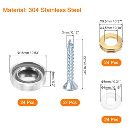 uxcell 24 Pcs Screw Covers Caps, 304 Stainless Steel Mirror Screws Decorative Caps Cover Nails, Mirror Screws Fasteners for Sign Advertising Hardware Construction, 16mm Diameter, Silver