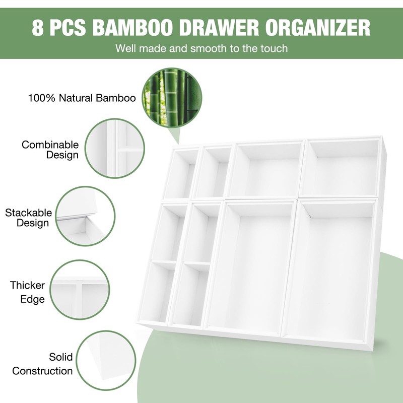Bxngjuj Bamboo Drawer Organizer Set, 8 PCS Multi-Use Wood Drawer
