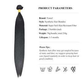 Yamel Synthetic Hair Bundles Straight 22 Inch 3 Bundles Total 210 Grams Soft Natural Black Hair Weft