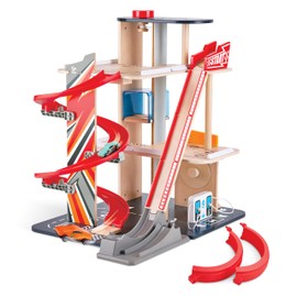 Hape Gearhead Stunt Garage Kids Wooden Toy Car Parking Garage Playset w/Elevator and 2 Exit Tracks, Detachable Loop, Includes 2 Wooden Toy Racecars