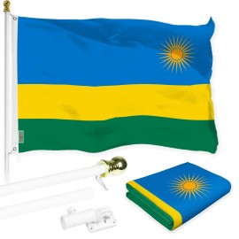 UD_G128 Combo Pack: 6 Ft Tangle Free Aluminum Spinning Flagpole (White) & Rwanda Rwandan Flag 3x5 Ft, LiteWeave Pro Series Print
