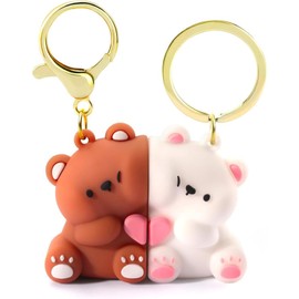 Cute Couple Keychain, 2PCS Mini Kawaii Cartoon Statue Bears Panda Figurine Key Chains for Women Girl Car Purse Backpack Keys Gifts Decoration Accessories