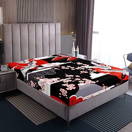 Pair of Bed Sheets in Japanese Style Cherry Blossom Decor Bed Linen for Adults Women Japanese Traditional Pattern Crane Red Bed Sheet Romantic Aesthetic Bedding Decor Set 140 x 200 cm