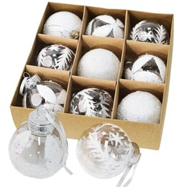 9 Christmas Baubles - 6 cm Transparent Baubles with White Snowflake-Like Flake Design, 3 Styles - Elegant Winter Decoration for Christmas Tree, Plastic Christmas Tree Bauble, Christmas Decoration