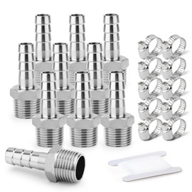 TAISHER 10PCS Forging of 304 Stainless Steel of Air Hose Fittings, 6MM Barb x 1/8" MBSP Pipe Adapter with with 10PCS Hose Clamp
