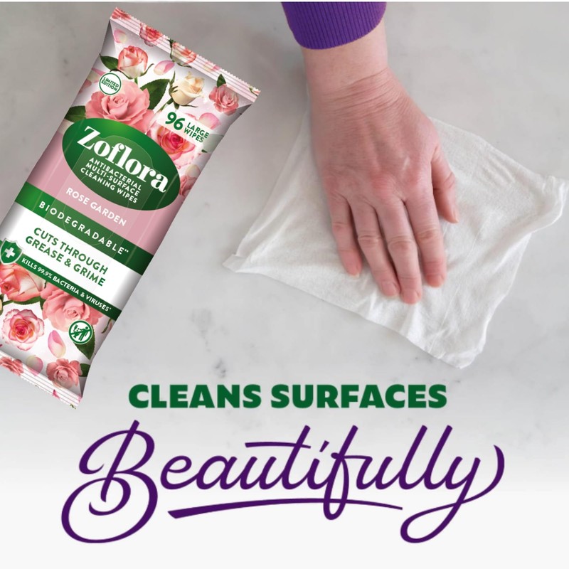 Zoflora Rose Garden 96 Wipes, Antibacterial Multi-surface Cleaning Wipes Convenient,