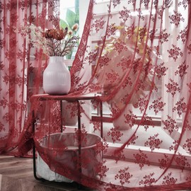 Kotile Burgundy Lace Curtains 63 Inch Length 2 Panels Rustic Floral Cottagecore Maroon Sheer Curtains for Bedroom, Rod Pocket Privacy Light Filtering Vintage Sheer Window Curtains, Each 52 x 63 Inch