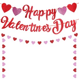 Gistome Happy Valentine's Day Banner - Red Pink Glitter Valentine Banner Sign with Hearts Garland, NO DIY Required, Valentine's Day Outdoor Indoor Home Hanging Decorations