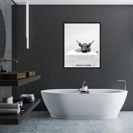 QPLGTU Bathroom House Background Wall Decoration Poster, Black and White Highland Livestock Animal Decoration Photos Wallpaper, Funny Animal Print Poster, Frameless (Bath Cow, 30 x 40 cm)