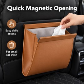 Magnetic Car Trash Bag for Interior Waste Storage – PU Leather Hanging Organizer with Easy-Open Closure for Car Seats, Black or Brown
