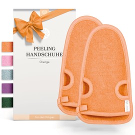 LoWell® - Exfoliating Glove incl. Exfoliating Guide (May not be in English language) + 2 x Bonus Suction Cups - Luxury for Your Body - Wellness Glove - Body & Face Shower Sponge - Hamam Gloves Orange/Orange