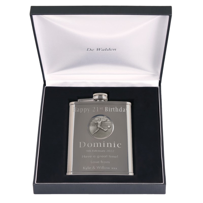 21st Birthday Engraved Hip Flask with Footballer Feature in Gift