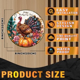PEACHGARDEN Round Happy Thanksgiving Day Vintage Tin Sign Turkey Metal Tin Sign Fall Thanksgiving Pumpkin Decor Home Livingroom Coffee Bar Farmhouse Idyllic Wall Art Decor 8x8inch