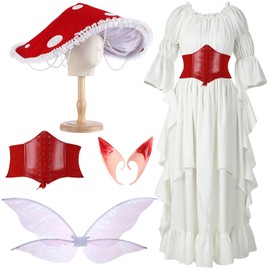 Mepase Renaissance Medieval Costume with Mushroom Hat Cinch Belt Fairy Elf Ear Fairy Butterfly Wings Costume for Cosplay(2XL/3XL)