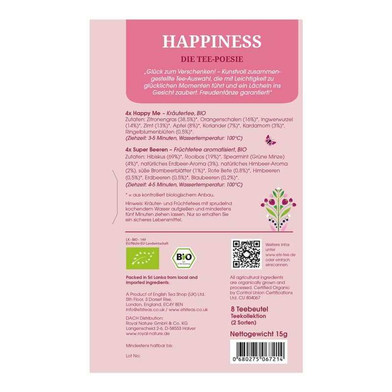 ETS - Teegeschenk "Happiness" - Die Tee-Poesie, 8 Teebeutel, BIO