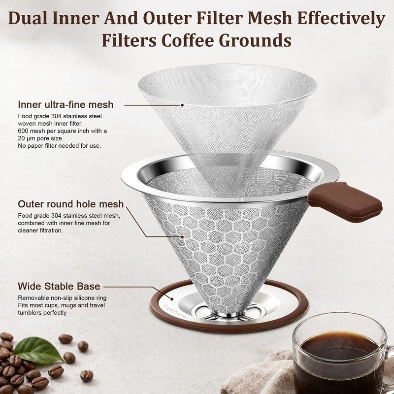 Pour Over Coffee Dripper, Stainless Steel Coffee Filter 600 Mesh