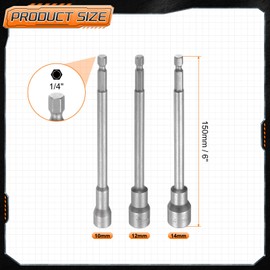 HARFINGTON 3pcs Nut Driver Drill Bit 10-14mm Metric Impact Socket 1/4" Hex Shank 6" (150mm) Extra Long Magnetic 6-Point Sockets Quick-Change CR-V Steel Bolt Setter for Power Drill Drivers