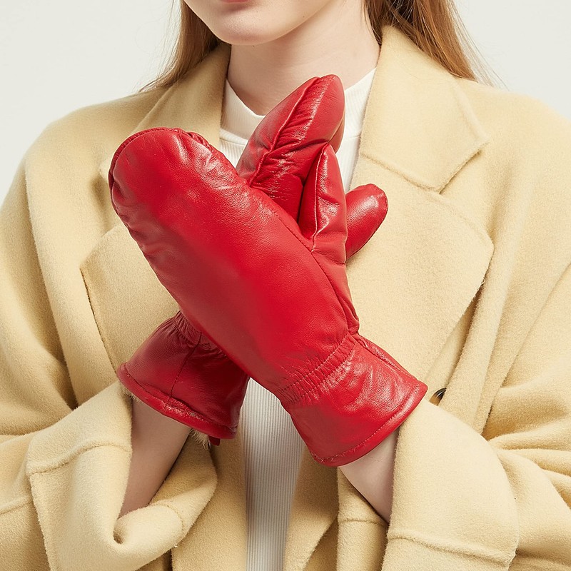 NOVBJECT Women Leather Mittens Finger Rabbit fur Lining Winter Sheepskin